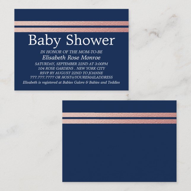 Carte De Visite Billet rose Gold Foil, Baby shower bleu (Devant / Derrière)