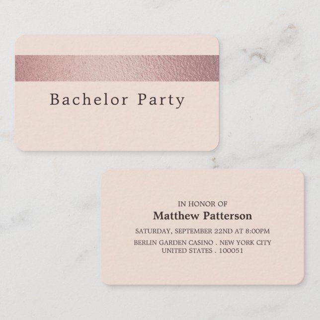Carte De Visite Billet rose Gold Foil, Bachelor Party (Devant / Derrière)