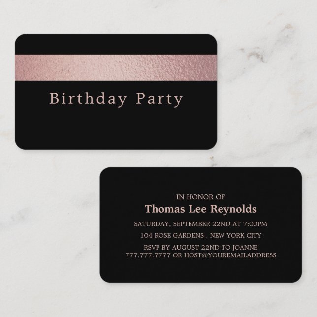 Carte De Visite Billet rose Gold Foil Stripe, Black Birthday Party (Devant / Derrière)