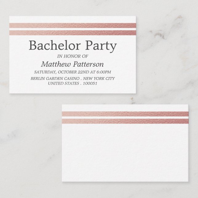 Carte De Visite Billet rose Gold Foil Stripes Bachelor Party (Devant / Derrière)
