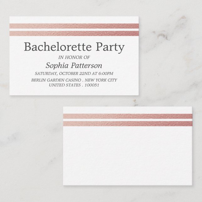 Carte De Visite Billet rose Gold Foil Stripes Bachelorette Party (Devant / Derrière)