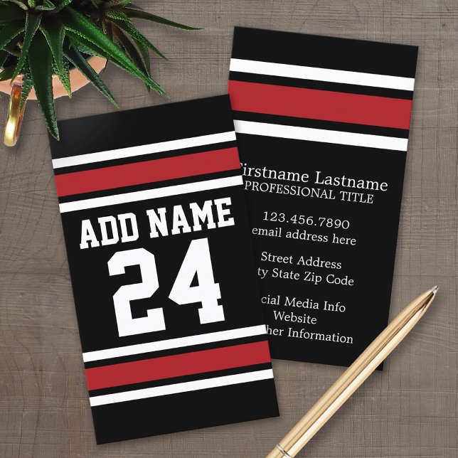 Carte De Visite Black and Red Sports Jersey Nom personnalisé Numér (Custom Business Card Template)