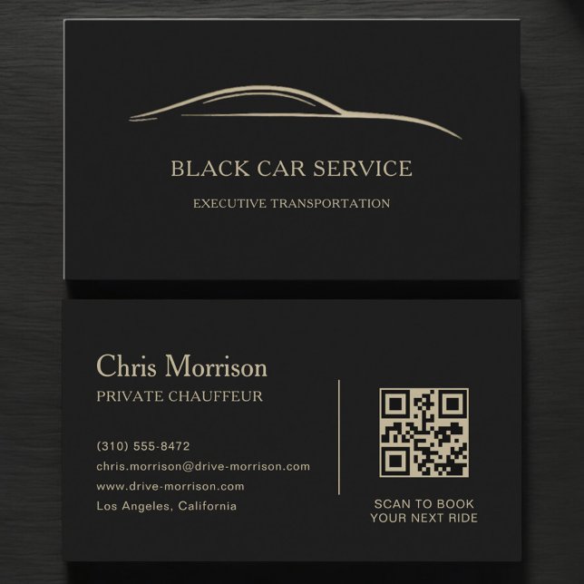 Carte De Visite Black Car Service QR Code Black & Gold (Créateur téléchargé)