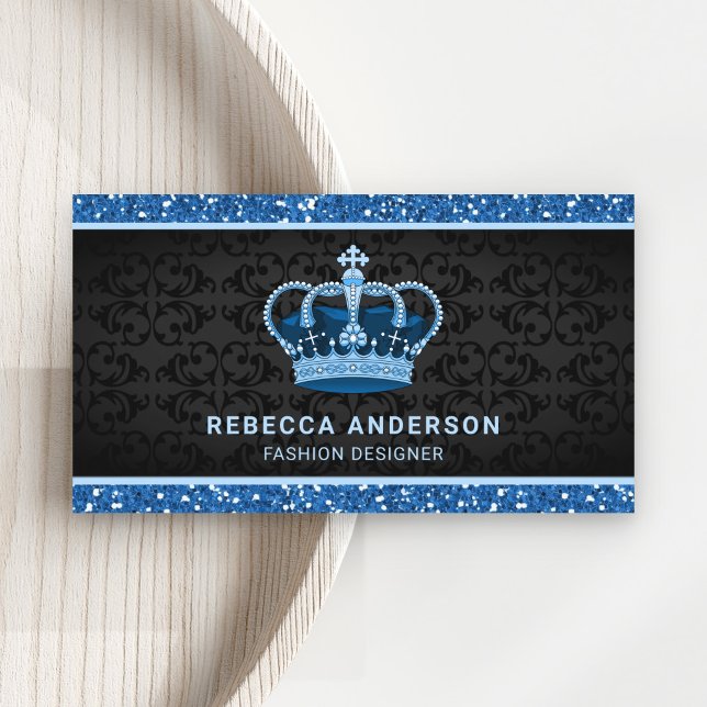 Carte De Visite Black Damask Faux Blue Parties scintillant Couronn (Créateur téléchargé)