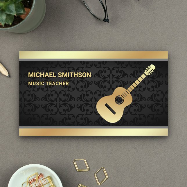 Carte De Visite Black Damask Gold Guitare Musique enseignant Guita (Créateur téléchargé)