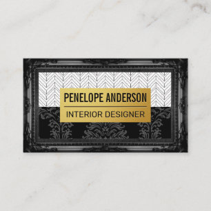 Carte De Visite Black Damask Gold Metal   Cadre classique
