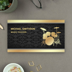 Carte De Visite Black Damask Music Enseignant Gold Drummer Kit