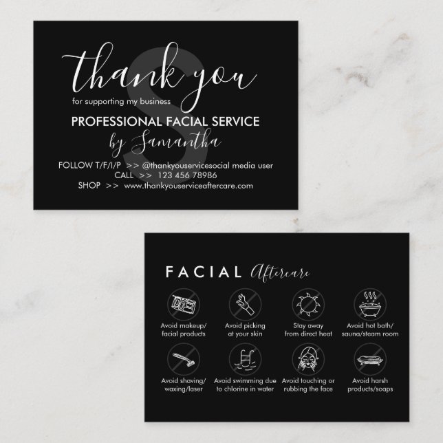 Carte De Visite Black Facial Aftercare Conseils Instruction Merci (Devant / Derrière)