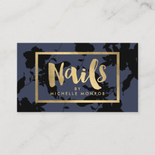 Carte De Visite Black Floral Gold Texte ongle Salon Bleu