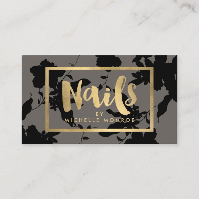 Carte De Visite Black Floral Gold Texte ongle Salon gris (Devant)
