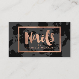 Carte De Visite Black Floral Rose Gold Texte ongle Salon