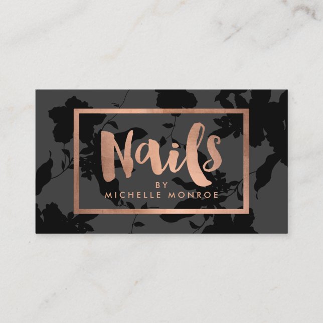 Carte De Visite Black Floral Rose Gold Texte ongle Salon (Devant)