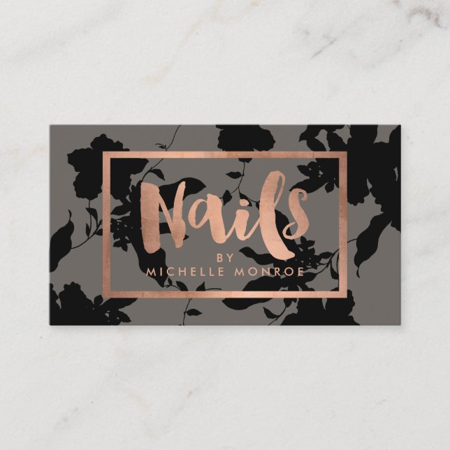 Carte De Visite Black Floral Rose Or Texte Clou Salon gris (Devant)