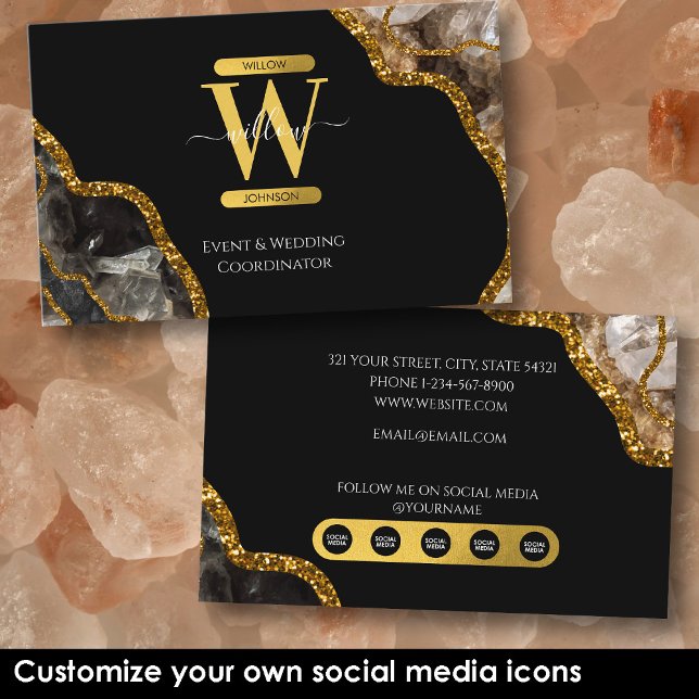 Carte De Visite Black Gold Agate Géode Parties scintillant Marbre  (Black Gold Agate Geode Glitter Marble Social Media Business Card)