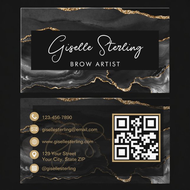 Carte De Visite Black Gold Brow Artist QR Code  (Créateur téléchargé)