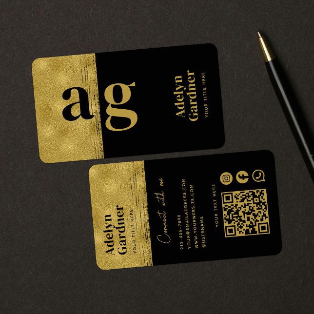 Carte De Visite Black Gold Connect Monogramme QR Code Médias socia (Créateur téléchargé)