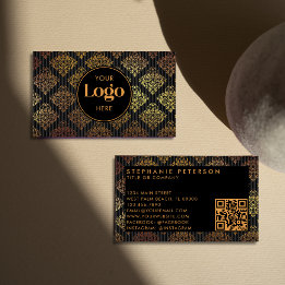 Carte De Visite Black & Gold Damask Striped Custom Logo QR Code