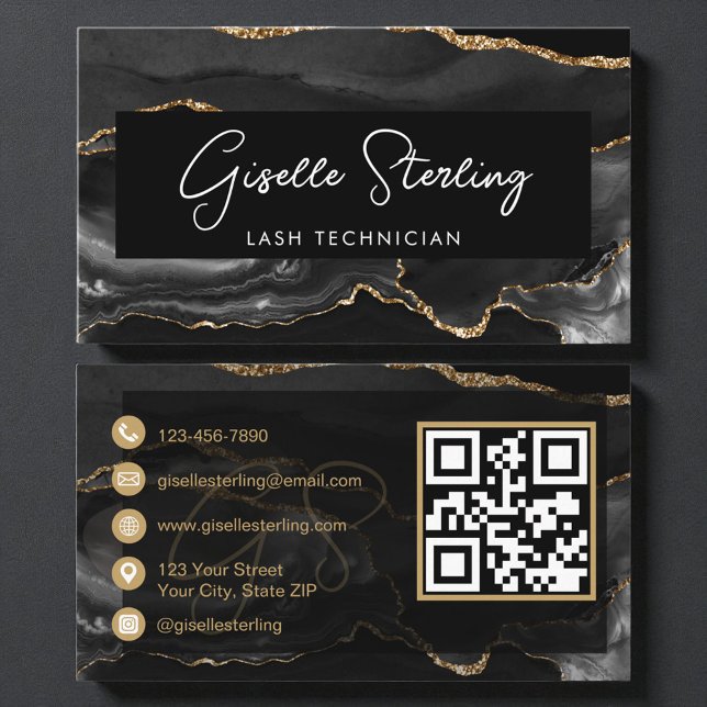 Carte De Visite Black Gold Lash Technician QR Code  (Créateur téléchargé)