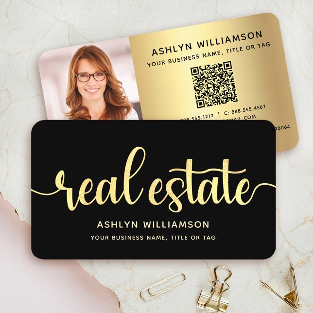 Carte De Visite Black Gold Real Estate Agent Photo QR Code Broker (Créateur téléchargé)