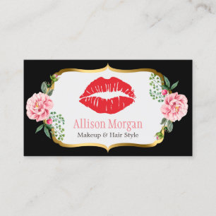 Carte De Visite Black Gold Red Lips Fleurs Maquillage Artiste Beau