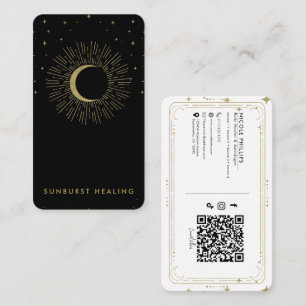 Carte De Visite Black & Gold Stars Celestial Sunburst Moon QR