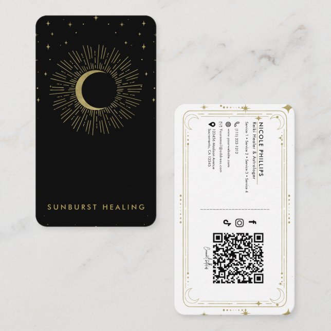 Carte De Visite Black & Gold Stars Celestial Sunburst Moon QR (Devant / Derrière)