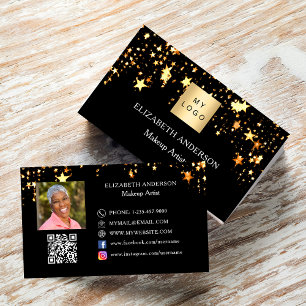 Carte De Visite Black gold stars Qr code social photo logo