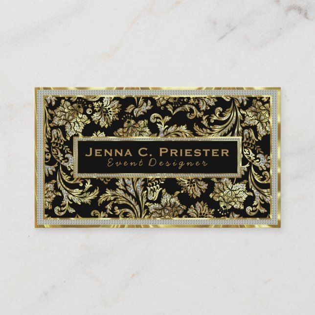 Carte De Visite Black Gold & White Faux Parties scintillant Floral (Devant)
