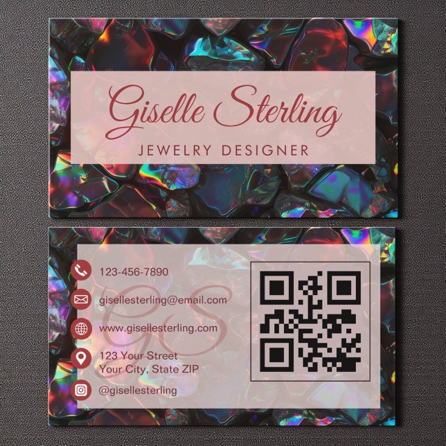Carte De Visite Black Jewelry Designer Opal Gemstone QR Code (Créateur téléchargé)