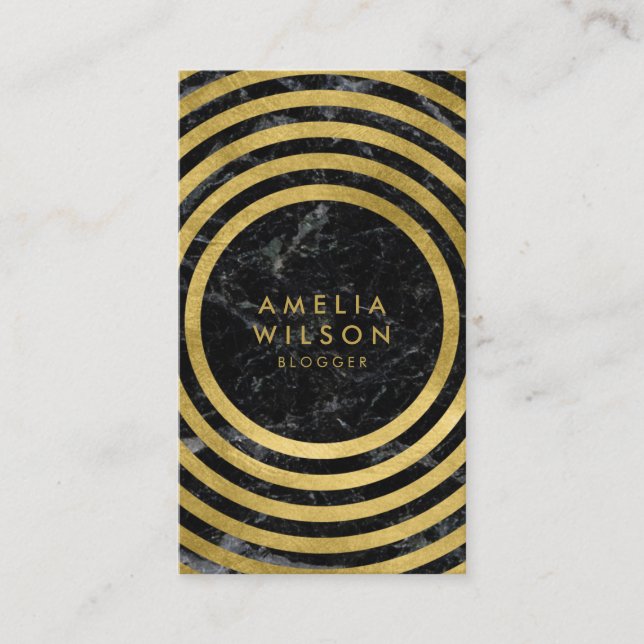 Carte De Visite Black Marble Faux Gold Round Lines Social Media (Devant)