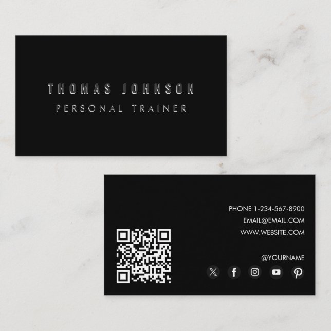 Carte De Visite Black Modern Personal Trainer Fitness QR Code (Devant / Derrière)