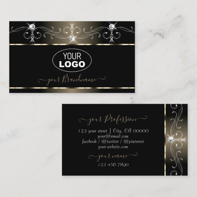 Carte De Visite Black Platinum Squigles Bijoux étincelants avec lo (Devant / Derrière)