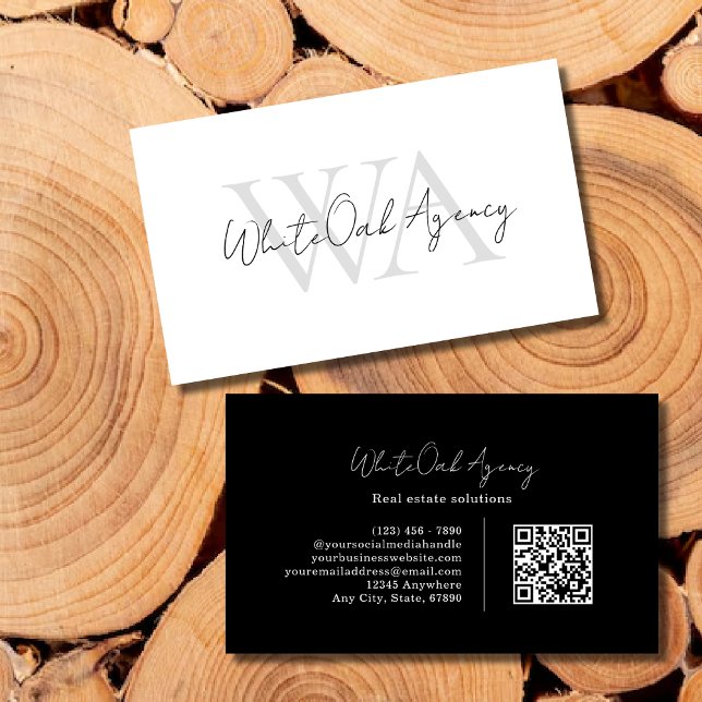 Carte De Visite Black QR code Modern Calligraphy Script Monogram (Créateur téléchargé)