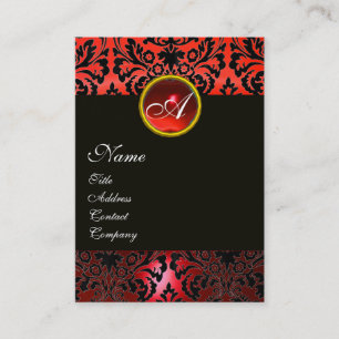 Carte De Visite BLACK RED DAMASK MONOGRAM FLORAL, Ruby Gemstone