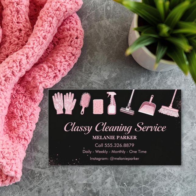 Carte De Visite Black & Rose pink Glitter Classy Cleaning Services (Créateur téléchargé)