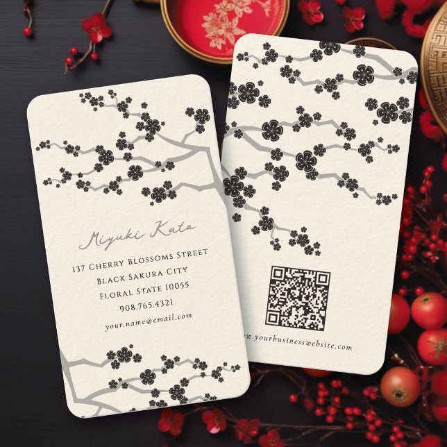 Carte De Visite Black Sakura Cerry Fleurs Fleurs Fleurs Oriental Z (Stylish Black Sakura Cherry Blossoms Spring Flowers Oriental Zen Business / Profile Card @ fatfatin)