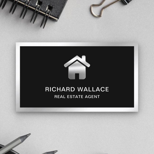 Carte De Visite Black Silver Foil Home Logo Agent immobilier (Créateur téléchargé)