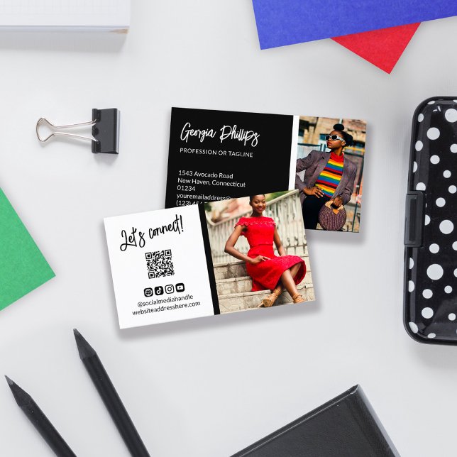 Carte De Visite Black Social Media Icons QR Code Photo (Créateur téléchargé)