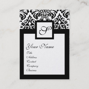 Carte De Visite BLACK WHITE DAMASK CARRÉ MONOGRAM, métal de champa