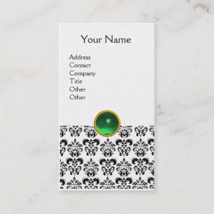 Carte De Visite BLACK WHITE DAMASK GREEN GEMSTONE MONOGRAM perle