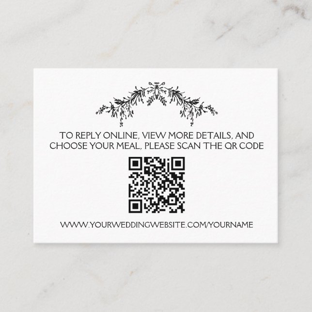 Carte De Visite Black & White Floral Minimalist Wedding Info |  (Devant)