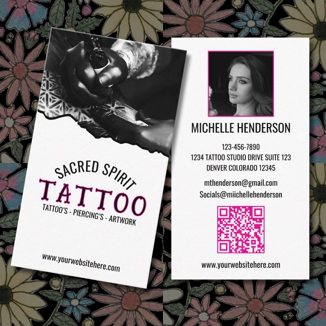 Carte De Visite Black & White Modern 2 Photo QR Code Tattooist (Créateur téléchargé)