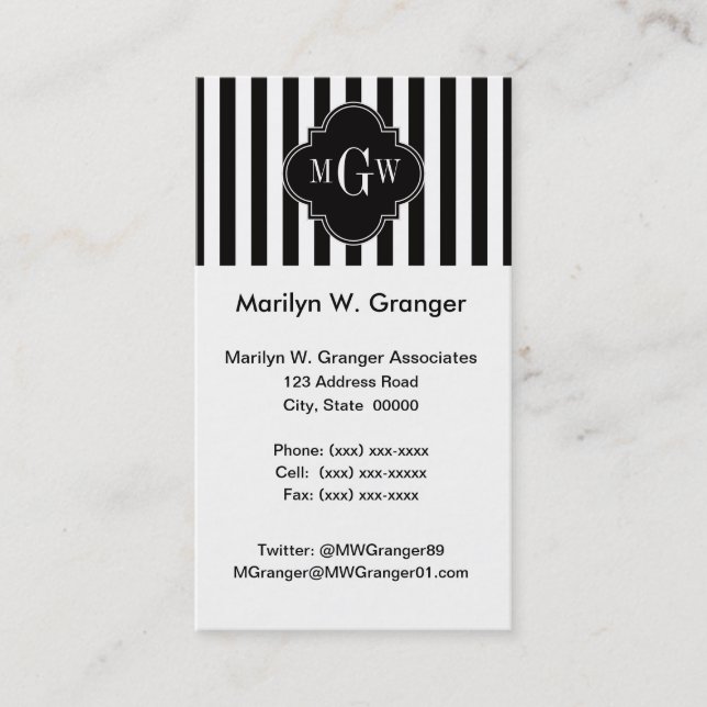 Carte De Visite Black White Stripe Black Quatrefoil 3 Monogramme (Devant)