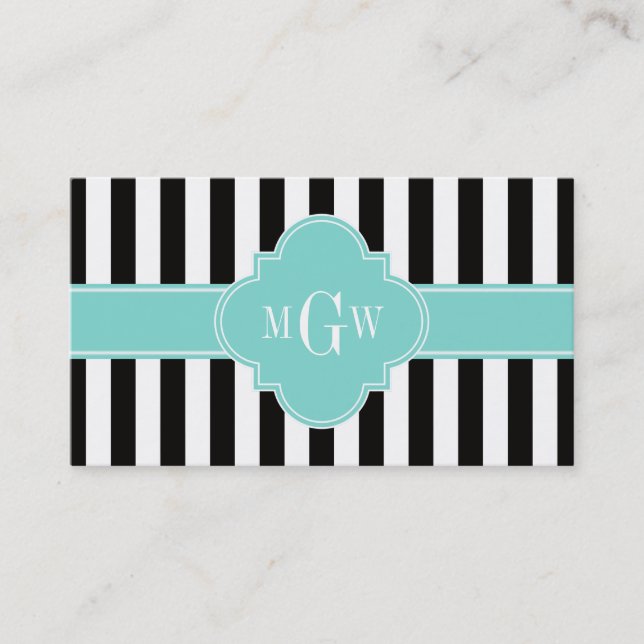Carte De Visite Black White Stripe Turquoise Quatrefoil (Devant)