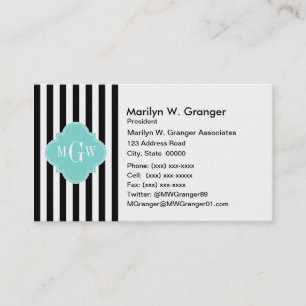 Carte De Visite Black White Stripe Turquoise Quatrefoil