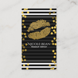 Carte De Visite Black & White Stripes Faux Gold Lips Beauté