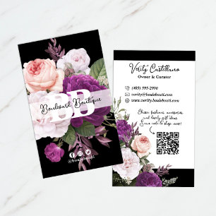 Carte De Visite Black & White Vintage Rose Floral Boutique QR Code