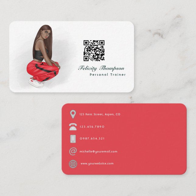Carte De Visite Black Woman Fitness Instructor Girl QR Code (Devant / Derrière)
