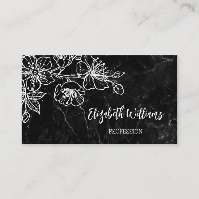 Carte De Visite Blanc Art Floral Marbre noir QR Code (Devant)