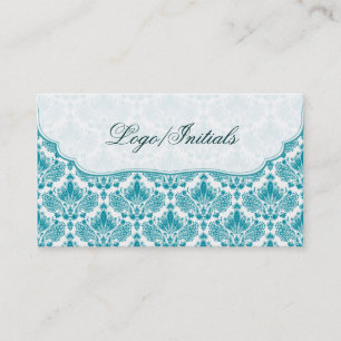 Carte De Visite Blanc & Bleu Élégant Retro Floral Damask